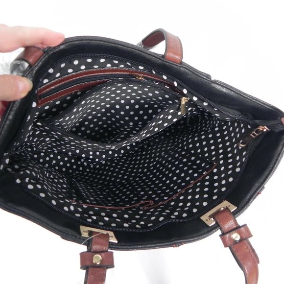 NWT Black & Brown Large Tote Bag | Faux Leather Tote with Polka Dot Interior - Picture 5 of 11